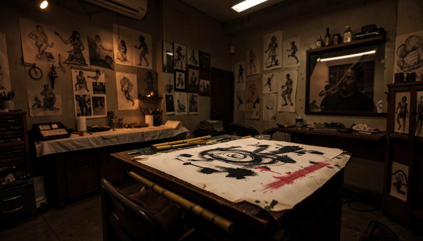 Wide view of a Bangkok tattoo studio interior, subdued lighting with warm amber and deep brown tones, bamboo tools visible on the work station.